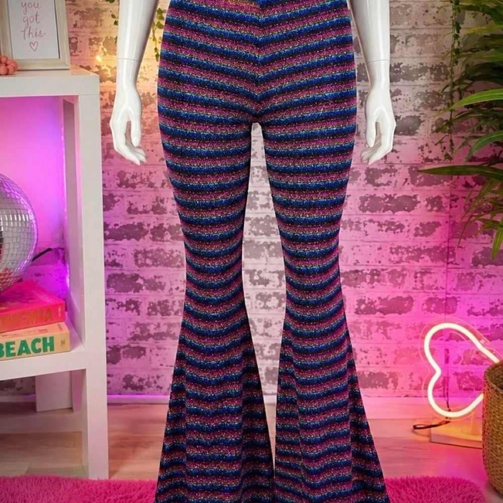 BruceGlen Metallic Rainbow Stripe Flare Pants – Size L